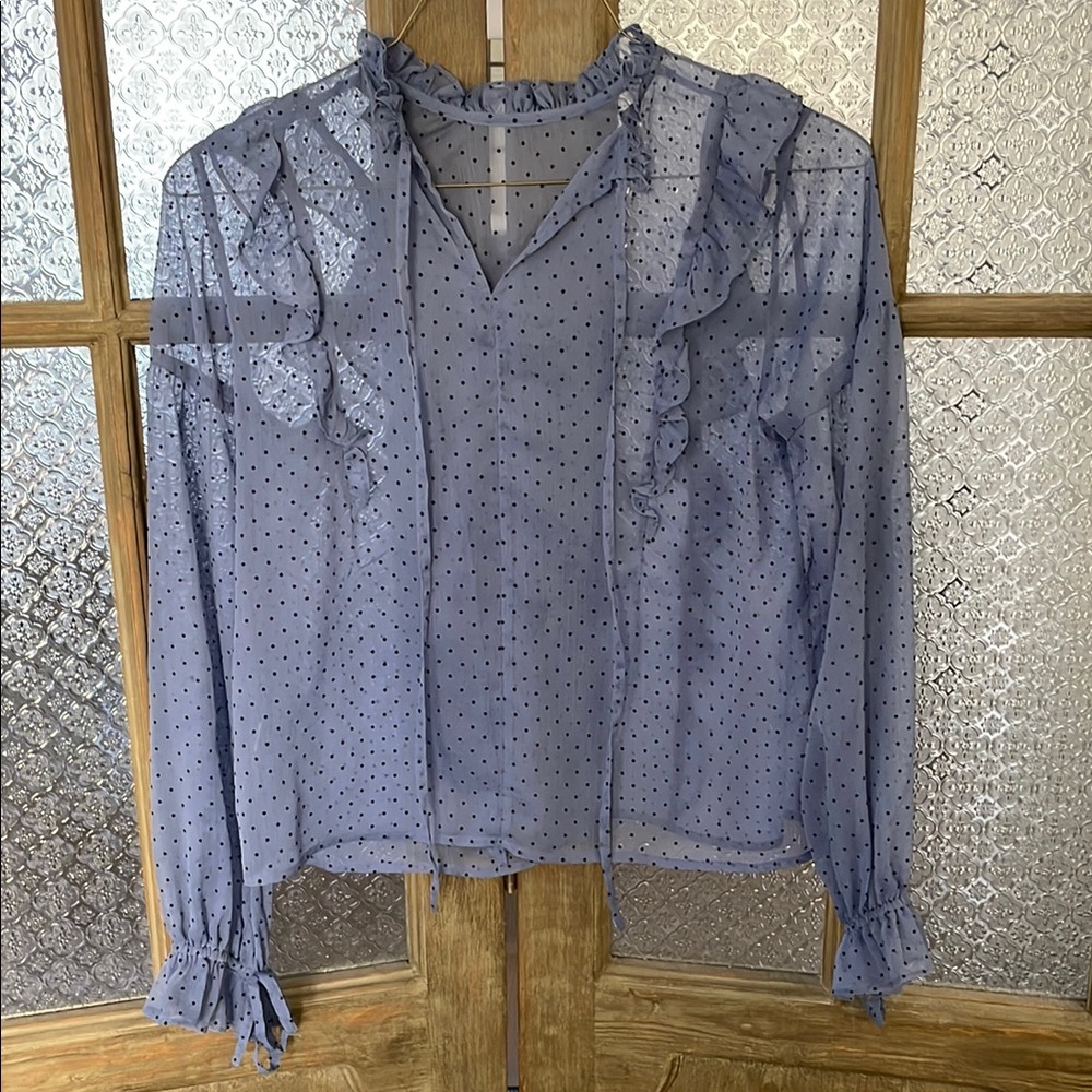 Top shop Sheer Blue Polka Dot Ruffle Blouse - Size 8